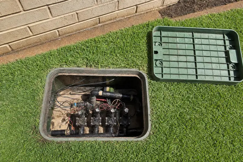 An open reticulation valve box cut into lawn, solenoid manifold and wiring visible below grade with the lid set aside — bore & reticulation connection, Perth. Illustrative example.