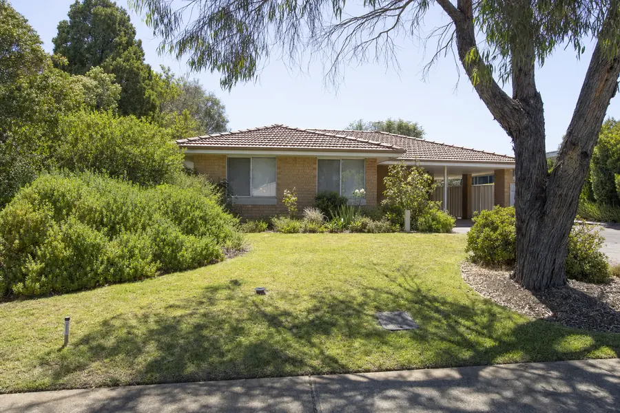 An established 1980s eastern-suburbs front garden, cream brick and faded tile roof, mature couch lawn with a pop-up reticulation head and a flush valve-box lid — illustrative example