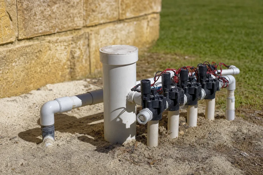 A capped PVC bore head at ground level in pale Perth sand, connected to a reticulation manifold of solenoid valves — illustrative example