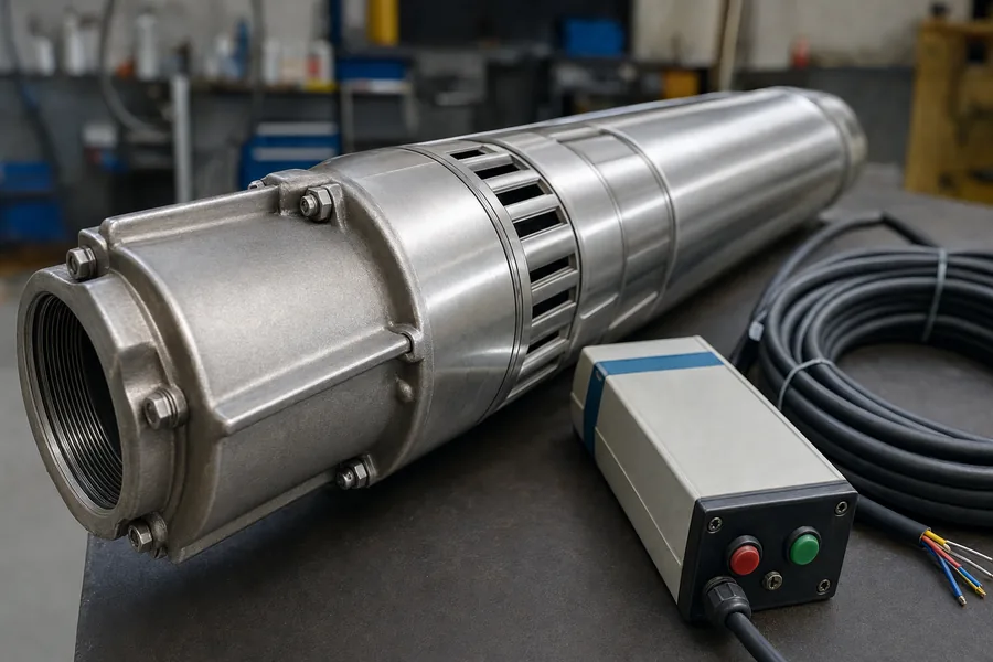 A stainless steel submersible bore pump on a workshop bench beside a coiled electrical cable and a switch relay — illustrative example